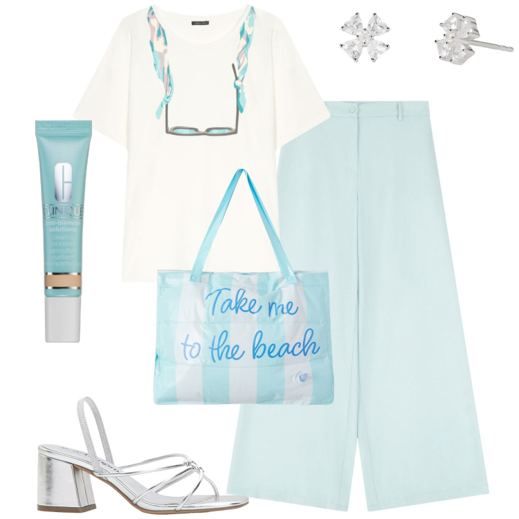 Outfit donna - Total look #2205228. Stile Urban per Tutti i giorni. Abbinamento con sandali col tacco, correttori, borse tote, orecchini, pantaloni, t-shirt.