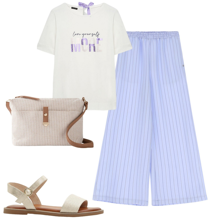 Outfit donna - Summer. Stile Urban per Tutti i giorni. Abbinamento con borse a tracolla, sandali, pantaloni a palazzo, t-shirt.