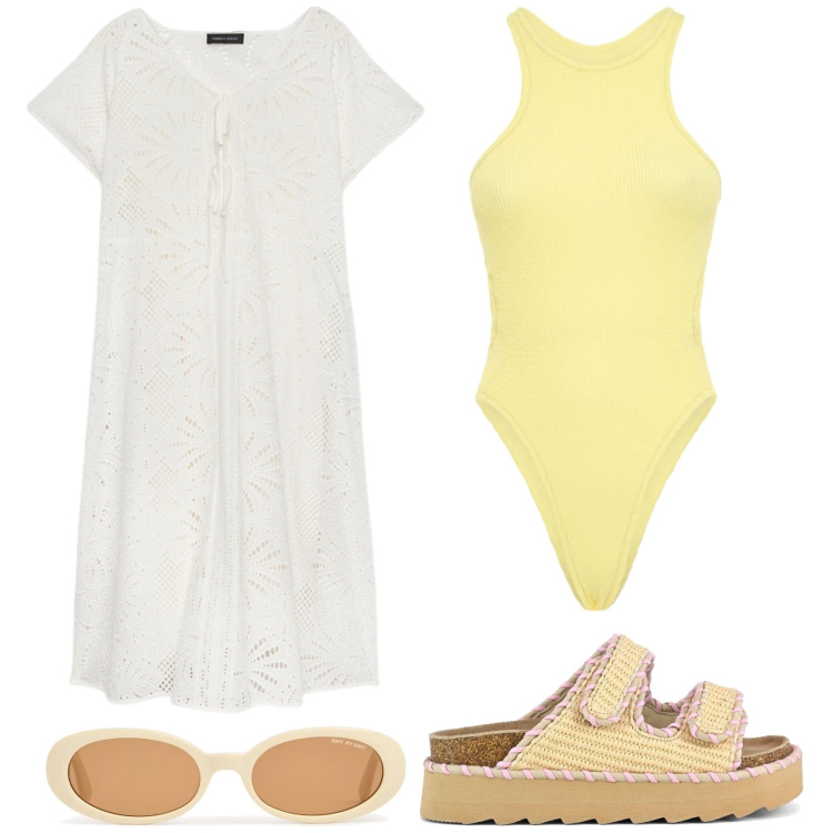 Outfit donna - Total look #2205232. Stile Trendy per Mare. Abbinamento con sandali, vestiti lunghi, occhiali da sole, costumi interi.