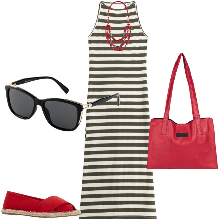 Outfit donna - In città. Stile Casual chic per Tutti i giorni. Abbinamento con espadrillas, occhiali da sole, shopping bag, vestiti lunghi, collane.