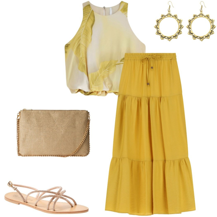 Outfit donna - Sere d\'estate. Stile Boho per Serata fuori. Abbinamento con sandali, borse a tracolla, top, gonne lunghe, orecchini.