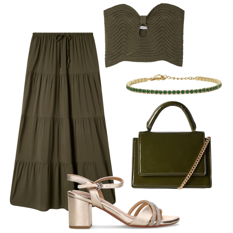 Outfit donna - Gitana verde e sandali twist oro. Stile Casual chic per Serata fuori. Abbinamento con top, gonne lunghe, borse a tracolla, braccialetti, sandali in pelle.