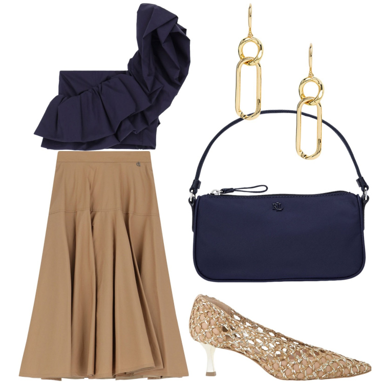 Outfit donna - Total look #2205243. Stile Minimal per Serata fuori. Abbinamento con top, décolleté, gonne lunghe, pochette, orecchini.