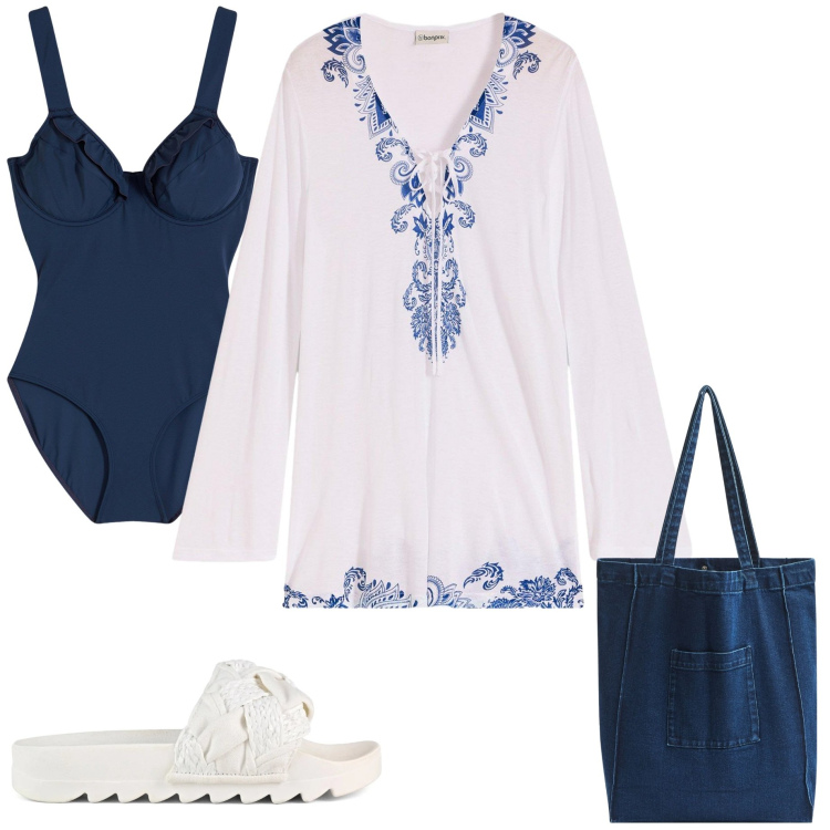 Outfit donna - curvy in spiaggia. Stile Casual per Mare. Abbinamento con vestiti da spiaggia, costumi interi, shopping bag, ciabatte.