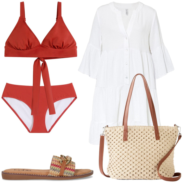 Outfit donna - Total look #2205249. Stile Etnico per Mare. Abbinamento con borse a mano, vestiti, bikini, bikini, ciabatte.