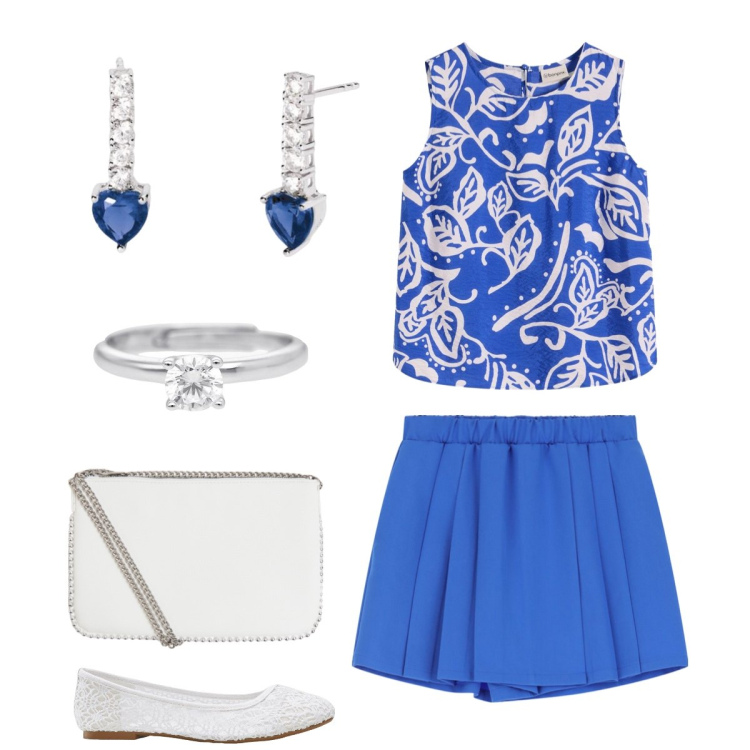 Outfit donna - Passeggiata. Stile Bon Ton per Tutti i giorni. Abbinamento con ballerine, top, borse a tracolla, orecchini, anelli, gonne.