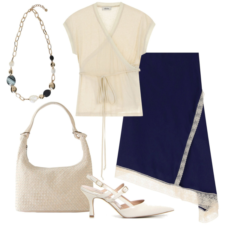 Outfit donna - Cena informale. Stile Chic per Serata fuori. Abbinamento con shopping bag, top, gonne longuette, collane, décolleté.