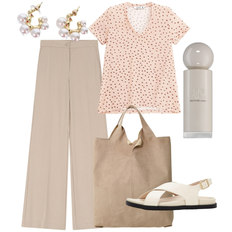 Outfit donna - Luglio. Stile Bon Ton per Ufficio. Abbinamento con sandali, profumi, t-shirt, pantaloni, shopping bag, orecchini.