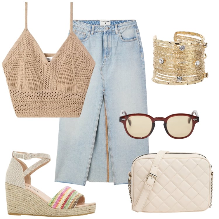 Outfit donna - La zeppa arcobaleno. Stile Boho per Tutti i giorni. Abbinamento con sandali, top, borse a tracolla, gonne lunghe, occhiali da sole, braccialetti.