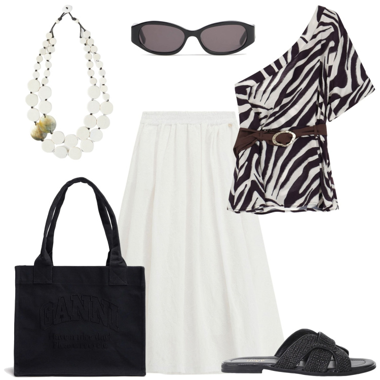 Outfit donna - Matinee au bistro. Stile Casual chic per Tutti i giorni. Abbinamento con top, gonne lunghe, sandali, shopping bag, occhiali da sole, ciondoli.