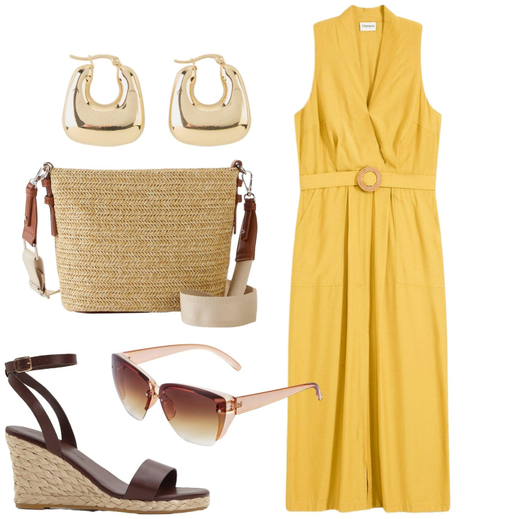 Outfit donna - La curvy solare. Stile Bon Ton per Tutti i giorni. Abbinamento con vestiti, borse a tracolla, occhiali da sole, orecchini, sandali.