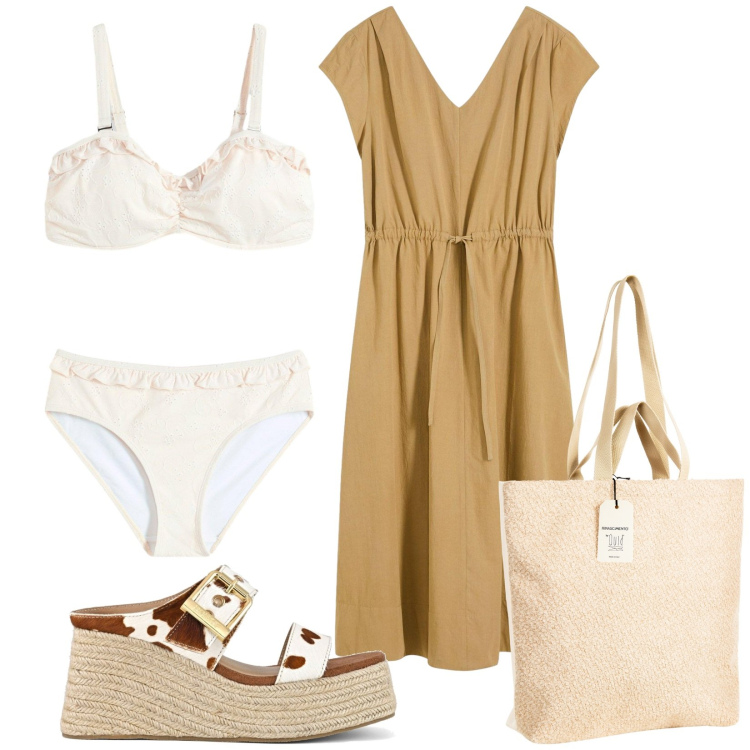 Outfit donna - Total look #2205279. Stile Casual per Mare. Abbinamento con vestiti, bikini, borse tote, zeppe.
