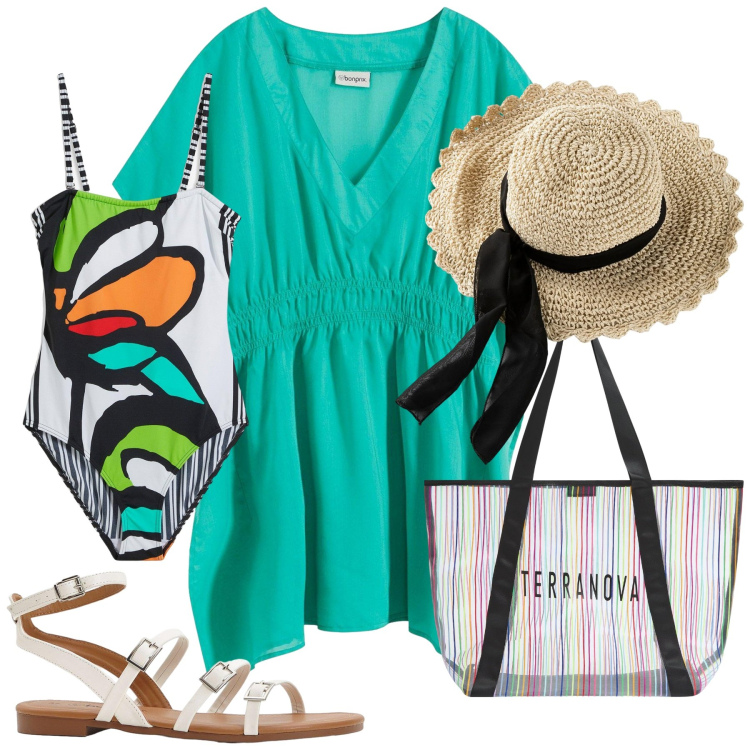 Outfit donna - Total look #2205280. Stile Glamour per Mare. Abbinamento con cappelli, vestiti da spiaggia, costumi interi, sandali, shopping bag.