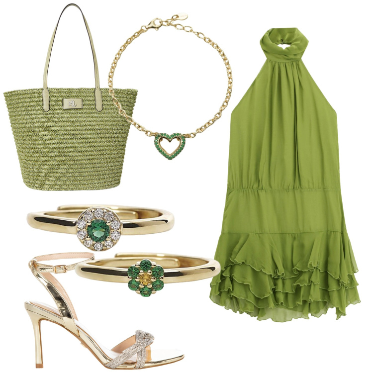 Outfit donna - Total green. Stile Bon Ton per Tutti i giorni. Abbinamento con anelli, braccialetti, anelli, sandali col tacco, borse tote, vestiti corti.