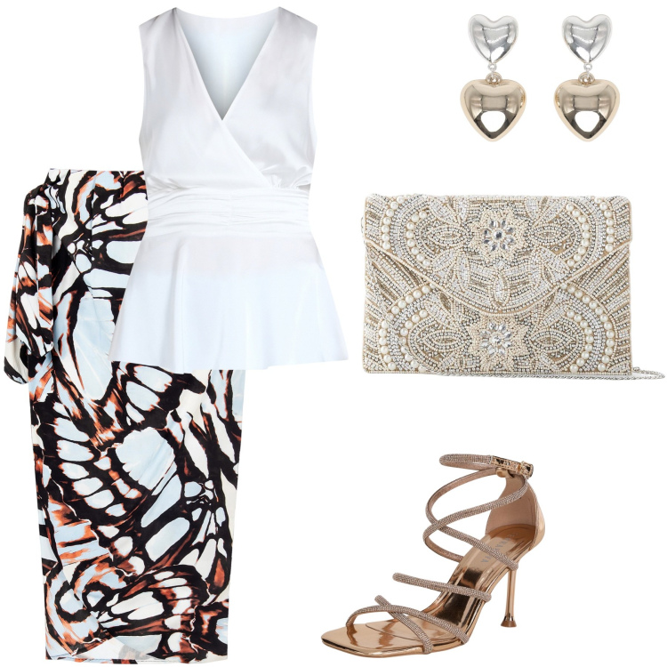 Outfit donna - Shopping. Stile Casual chic per Tutti i giorni. Abbinamento con pochette, sandali col tacco, orecchini, gonne longuette, top.