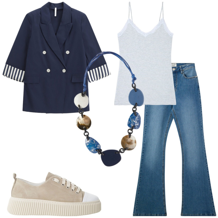 Outfit donna - Total look #2205286. Stile Urban per Tutti i giorni. Abbinamento con canottiere, jeans a zampa, blazer, sneakers, collane.