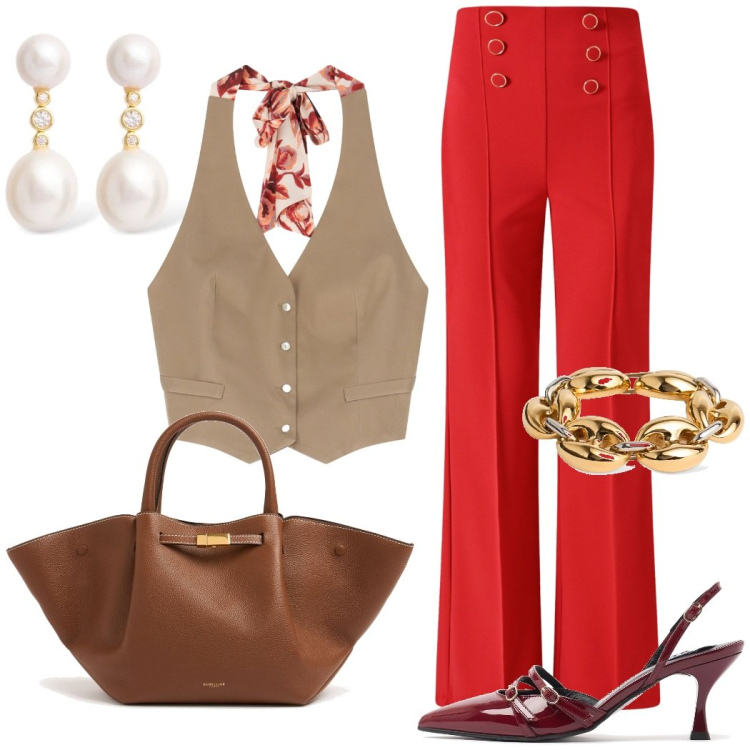 Outfit donna - L\'elegante top gilet. Stile Chic per Cerimonia. Abbinamento con pantaloni, top, braccialetti, orecchini, shopping bag, décolleté.