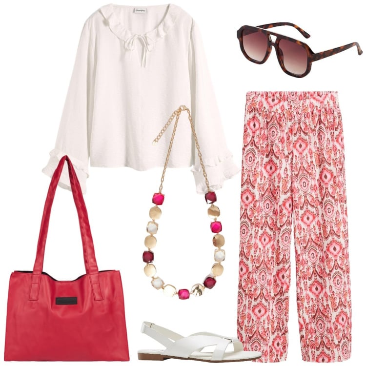 Outfit donna - In vacanza. Stile Boho per Tutti i giorni. Abbinamento con pantaloni, bluse, sandali, occhiali da sole, shopping bag, collane.