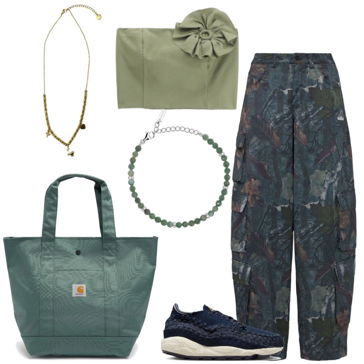 Outfit donna - Urban chic. Stile Urban per Tutti i giorni. Abbinamento con braccialetti, ciondoli, top, sneakers, borse tote, pantaloni cargo.