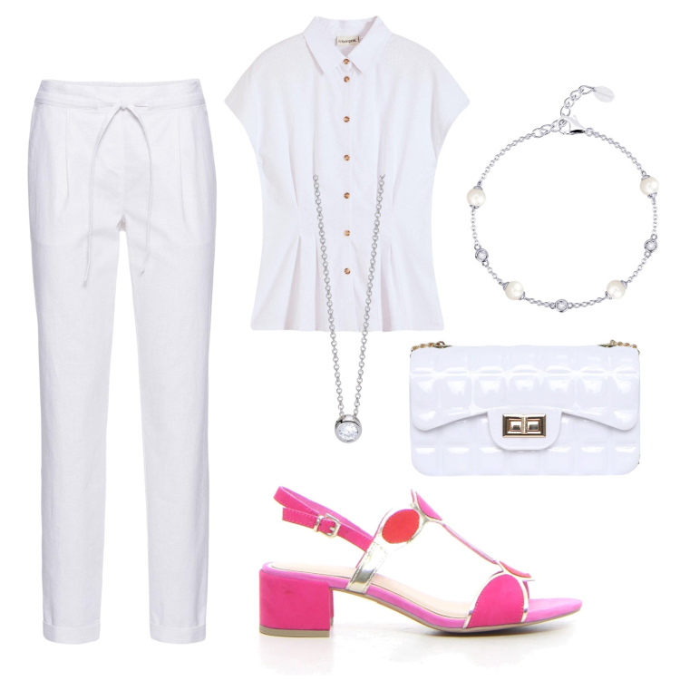 Outfit donna - Lino optical white e twist fucsia. Stile Glamour per Ufficio. Abbinamento con pantaloni, bluse, borse a tracolla, braccialetti, collane, sandali col tacco.