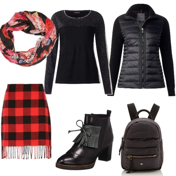 Outfit donna - Urban. Stile Trendy per Scuola/Università. Abbinamento con minigonna taglio dritto a quadri con frange rosso e bordeaux e nero, cappotto nero, stivali rosso e bordeaux, felpa nero, zaino grigio, sciarpa taglia unica multicolore e nero.