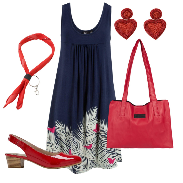 Outfit donna - L\'abito di piume. Stile Trendy per Tutti i giorni. Abbinamento con vestiti corti, décolleté, shopping bag, foulard, orecchini.