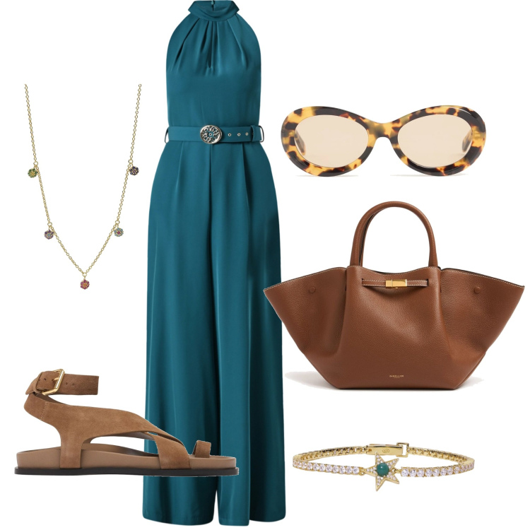 Outfit donna - Chic con i sandali. Stile Chic per Serata fuori. Abbinamento con braccialetti, ciondoli, tute, sandali in pelle, shopping bag, occhiali da sole.