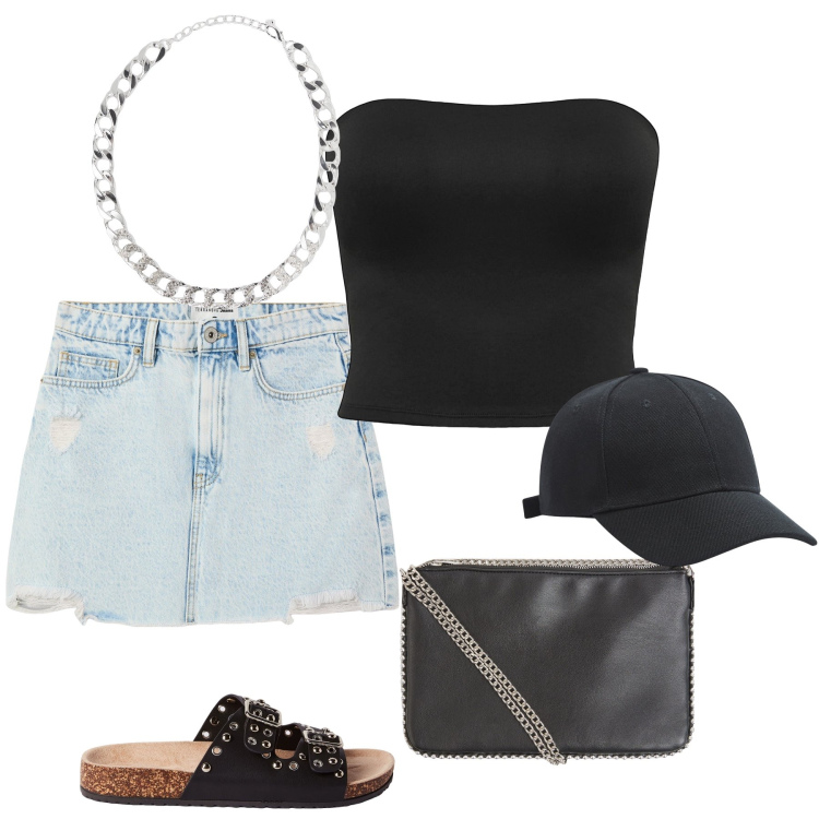 Outfit donna - Disinvolta. Stile Glamour per Tutti i giorni. Abbinamento con minigonne, borse a tracolla, cappelli, collane, top, ciabatte.
