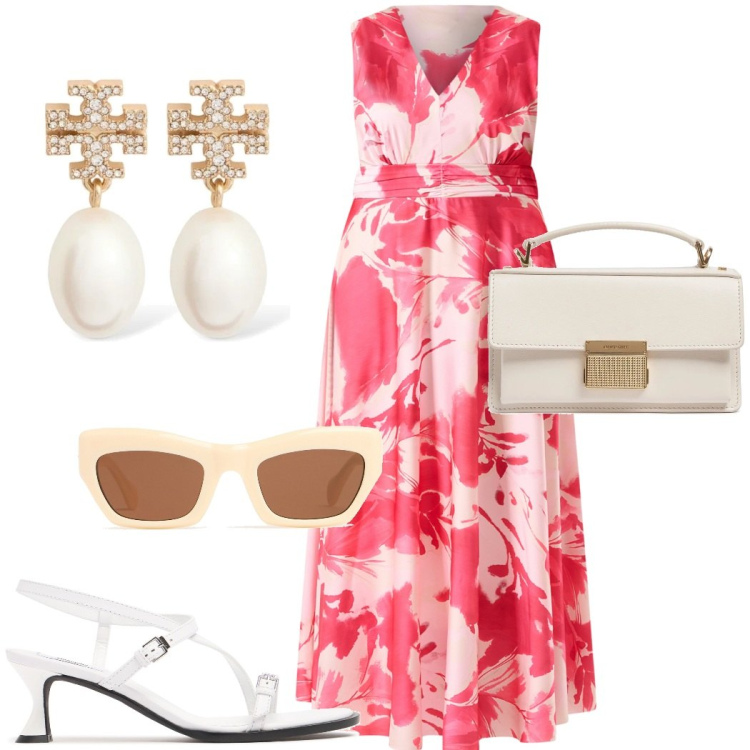 Outfit donna - Matrimonio d\'estate. Stile Chic per Cerimonia. Abbinamento con vestiti lunghi, borse a mano, orecchini, sandali in pelle, occhiali da sole.