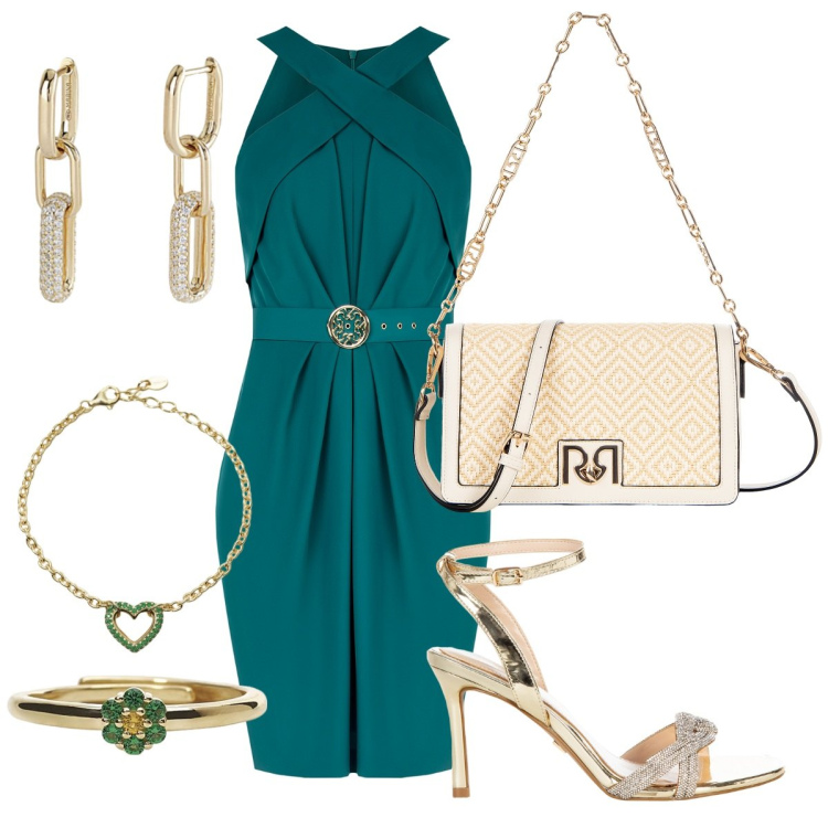 Outfit donna - Glamour estivo. Stile Glamour per Serata fuori. Abbinamento con borse a tracolla, vestiti a tubino, sandali col tacco, anelli, braccialetti, orecchini.