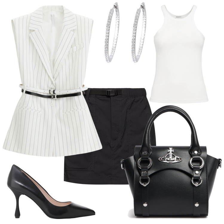 Outfit donna - Meeting di lavoro. Stile Bon Ton per Tutti i giorni. Abbinamento con orecchini, gilet, décolleté, minigonne, borse a mano, canottiere.