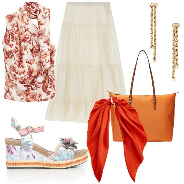 Outfit donna - Sale SS25 Dixie. Stile Glamour per Tutti i giorni. Abbinamento con top, gonne lunghe, orecchini, borse tote, foulard, sandali.