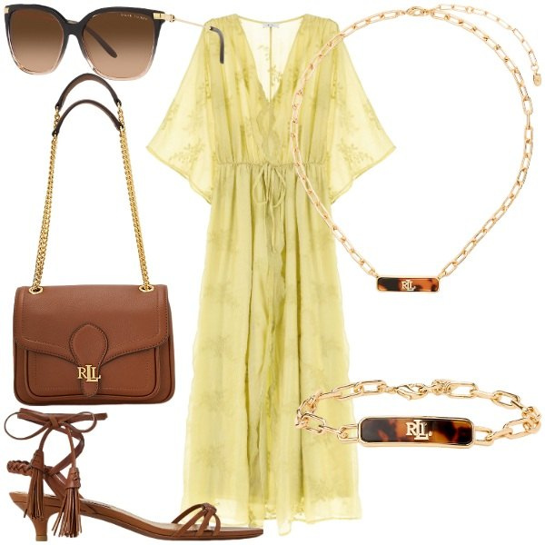 Outfit donna - Dixie SS25. Stile Glamour per Tutti i giorni. Abbinamento con vestiti lunghi, sandali col tacco, occhiali da sole, borse a spalla, braccialetti, collane.