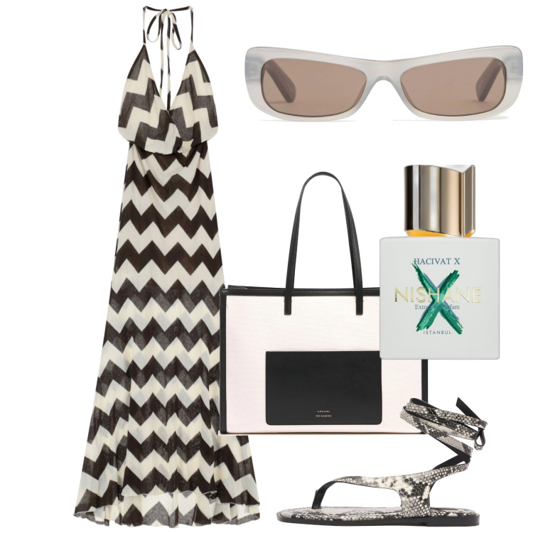 Outfit donna - Milos. Stile Chic per Tutti i giorni. Abbinamento con profumi, vestiti lunghi, borse tote, occhiali da sole, sandali col tacco.