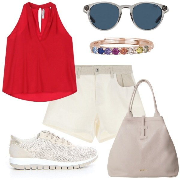 Outfit donna - Please Summer Sale 2025. Stile Casual chic per Tutti i giorni. Abbinamento con anelli, shorts, top, borse tote, occhiali da sole, sneakers.