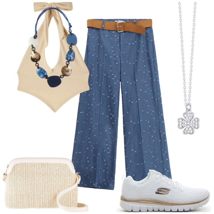Outfit donna - Denim e sabbia. Stile Sporty chic per Tutti i giorni. Abbinamento con borse a tracolla, canottiere, collane, pantaloni, sneakers, collane.