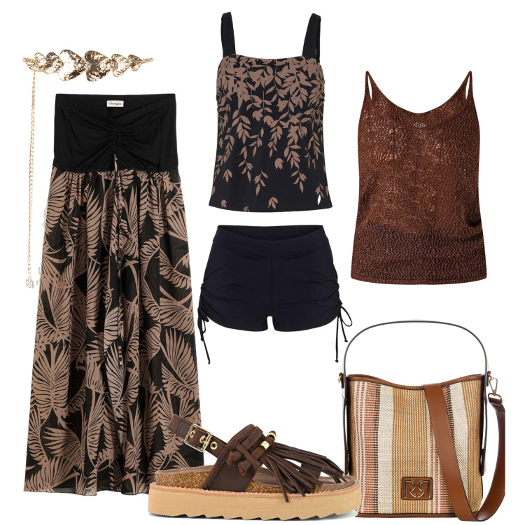 Outfit donna - Spiaggia capsule in tankini. Stile Trendy per Mare. Abbinamento con costumi interi, vestiti da spiaggia, cinture, borse a secchiello, top, sandali.