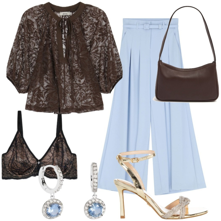 Outfit donna - Cerimonia al tramonto. Stile Chic per Cerimonia. Abbinamento con orecchini, sandali col tacco, pantaloni, camicie, reggiseni, borse a spalla.