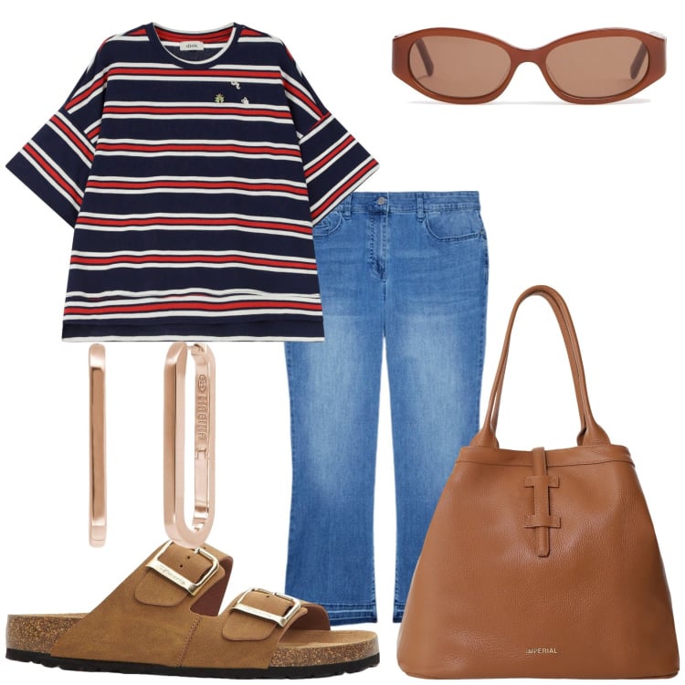 Outfit donna - In città per spese. Stile Casual per Tutti i giorni. Abbinamento con ciabatte, orecchini, borse tote, t-shirt, jeans dritti, occhiali da sole.