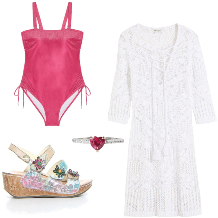 Outfit donna - Wow, curvy in spiaggia!. Stile Etnico per Mare. Abbinamento con vestiti da spiaggia, anelli, costumi interi, sandali.