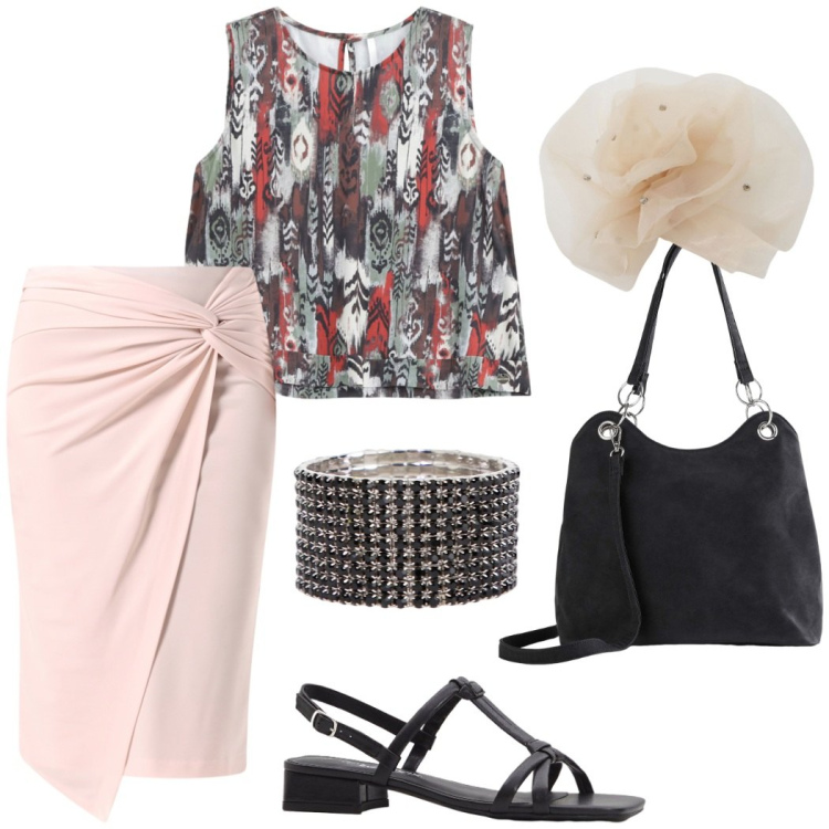 Outfit donna - Sera al mare. Stile Casual chic per Serata fuori. Abbinamento con borse a mano, sandali col tacco, gonne, top, foulard, braccialetti.