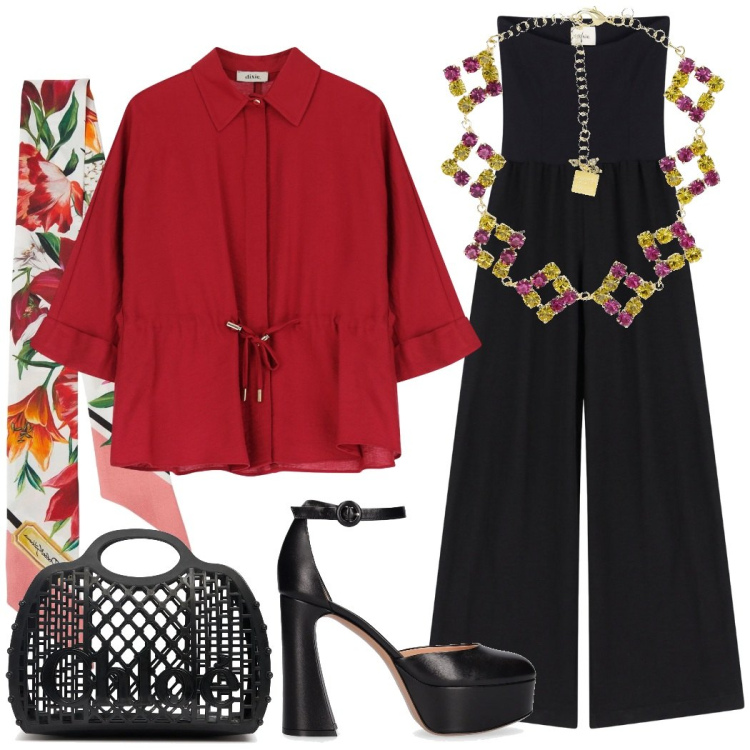 Outfit donna - Party sotto le stelle. Stile Chic per Serata fuori. Abbinamento con tute, camicie, collane, décolleté, borse a mano, foulard.