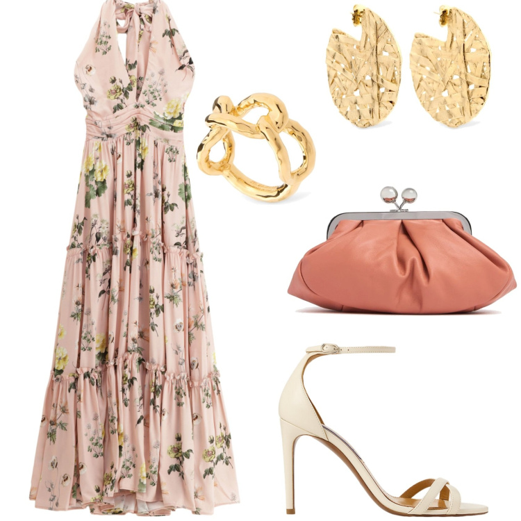 Outfit donna - Abito lungo floreale. Stile Chic per Cerimonia. Abbinamento con vestiti lunghi, sandali col tacco, pochette, orecchini, anelli.