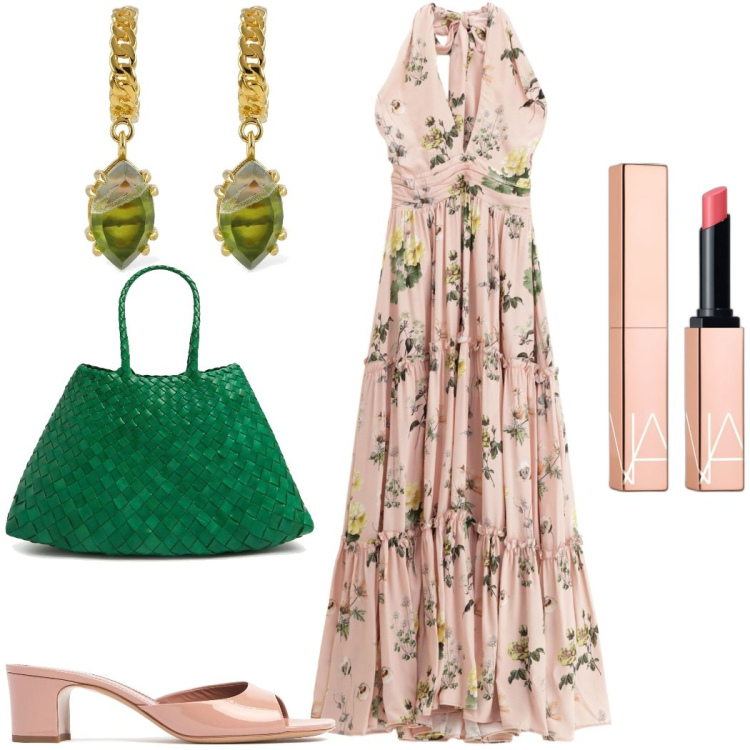 Outfit donna - Total look #2205354. Stile Romantica per Cerimonia. Abbinamento con rossetti, vestiti lunghi, orecchini, borse a spalla, sandali in pelle.