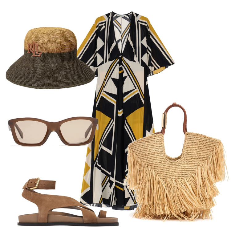 Outfit donna - Total look #2205357. Stile Boho per Mare. Abbinamento con vestiti lunghi, cappelli, sandali in pelle, borse tote, occhiali da sole.