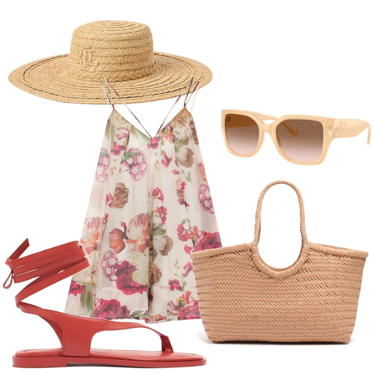 Outfit donna - Total look #2205358. Stile Romantica per Mare. Abbinamento con vestiti corti, occhiali da sole, cappelli, shopping bag, sandali in pelle.