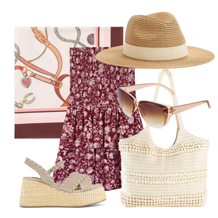 Outfit donna - Total look #2205359. Stile Romantica per Mare. Abbinamento con occhiali da sole, shopping bag, vestiti corti, cappelli, foulard, zeppe.