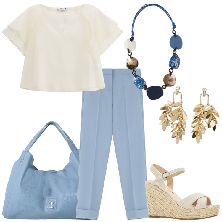 Outfit donna - Colori del mare e sabbia. Stile Casual chic per Tutti i giorni. Abbinamento con sandali, pantaloni, maglieria, pochette, orecchini, collane.