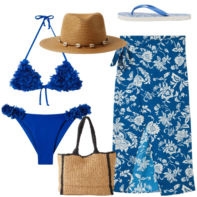 Outfit donna - On the beach. Stile Glamour per Mare. Abbinamento con shopping bag, vestiti da spiaggia, bikini, infradito, bikini, cappelli.