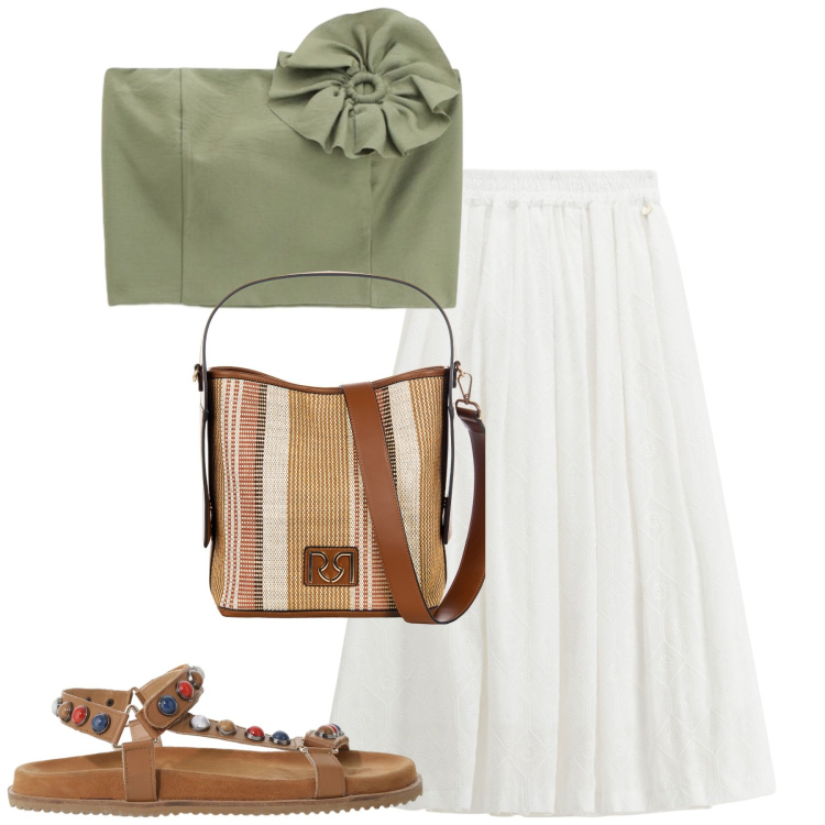Outfit donna - Summertime. Stile Casual chic per Tutti i giorni. Abbinamento con borse a secchiello, gonne lunghe, sandali, top.